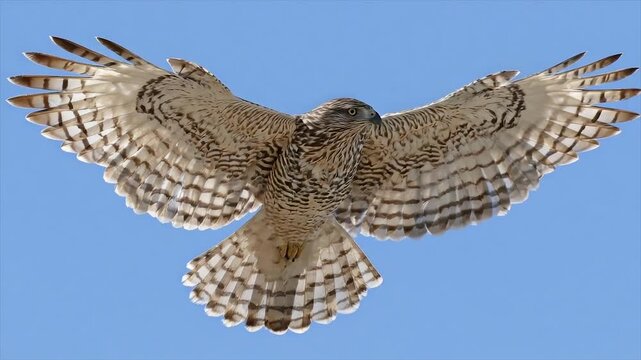 Bird of prey in full flight, wings spread against a blue sky, displaying detailed plumage
