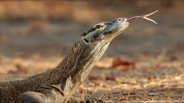 A large lizard, with textured skin and a forked tongue, peers upward