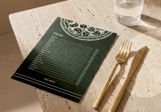 Restaurant Menu Card Mockup on Table with Cutlery