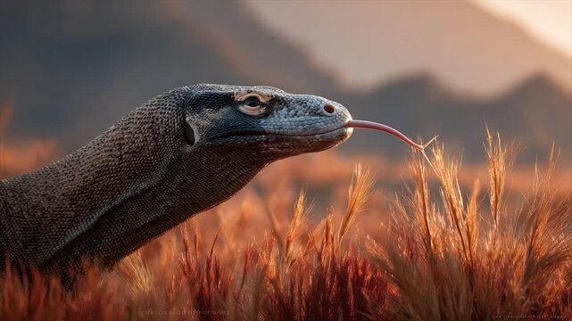 A Komodo dragon with its tongue extended, amidst tall grass, with soft lighting