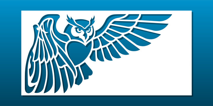 Owl with wide wings, design for laser cut or paper cut panel. CNC or Cricut stencil. Corner decorative design. Vector illustration
