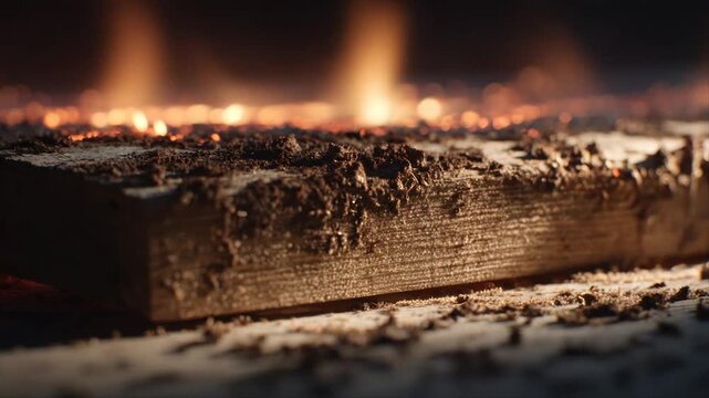 Close-up of charred wood with glowing embers and dirt. Selective focus on detailed grain
