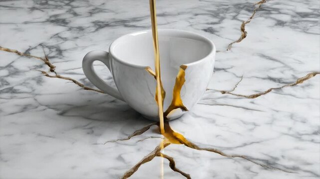 A white teacup, repaired with gold, sits on a marbled surface with gold-filled cracks