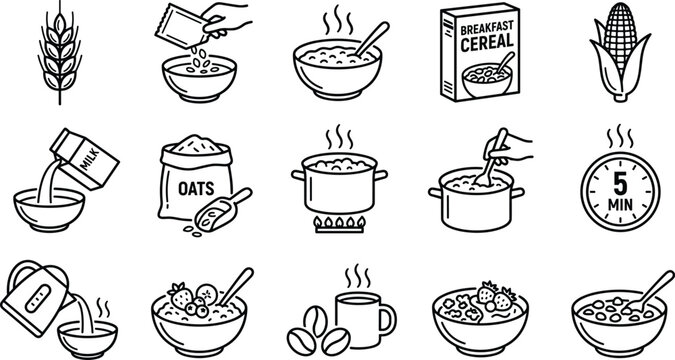 Outline Breakfast Cereal and Oatmeal Icon Set with Bowl Corn Wheat Oats Cooking and Morning Meal Vector