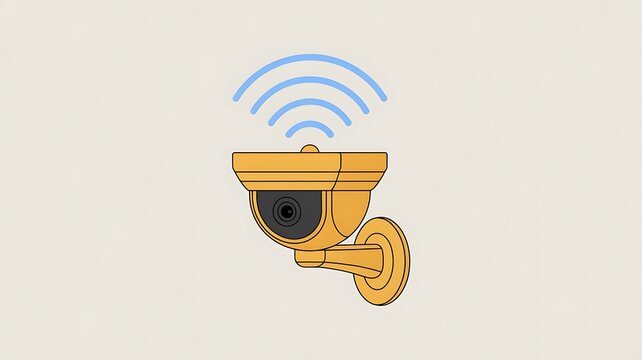 Golden security camera icon, wireless CCTV symbol, surveillance camera logo, yellow security sign