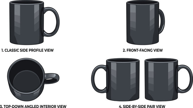 Black Ceramic Coffee Mug Mockup Set with Side Front Top and Pair View Angles Isolated Vector Illustration