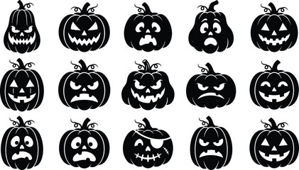 Obraz premium Black Silhouette Halloween Jack O Lantern Pumpkin Set with Various Scary and Funny Face Expressions Vector
