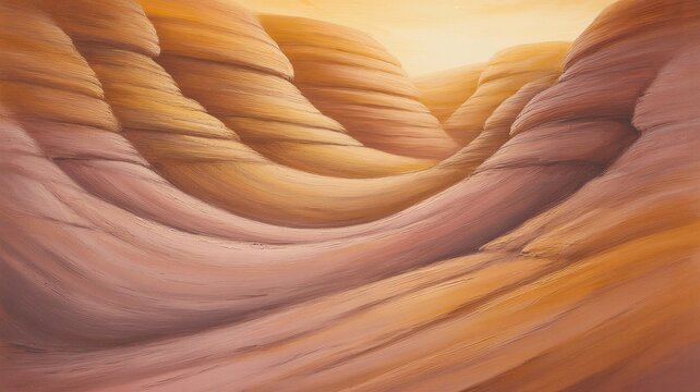 warm layered sandstone like abstract landscape with flowing striations 
textured ridges and a calm golden glow