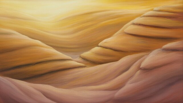 warm layered sandstone like abstract landscape with flowing striations 
textured ridges and a calm golden glow
