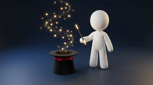 Minimalist magician character clean 3D render simple matte style performing a magic wand hat trick