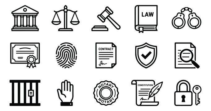 Legal and justice line icons set, 15 law symbols including gavel and scales of justice, black outline courtroom and crime vector elements