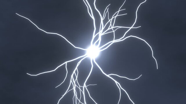 Electric lightning burst radiating branches on dark stormy sky seamless loop 4K background