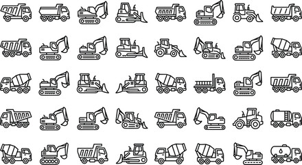 Heavy construction vehicles machinery and industrial transport black outline line icon set © Mahsina