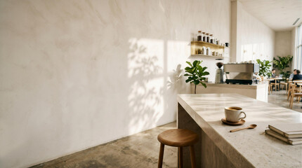 Fototapeta premium Modern minimalist cafe interior with coffee cup on counter, blank wall copy space and tree shadows