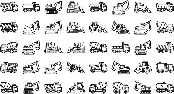 Heavy construction vehicles machinery and industrial transport black outline line icon set