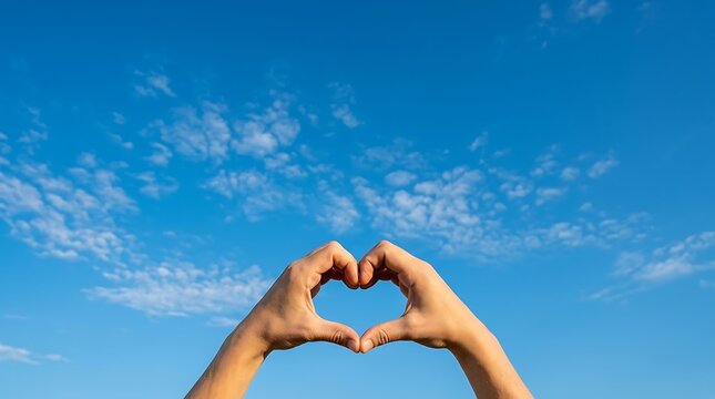 Happy friendship day hands forming a heart shape against a vibrant blue sky with clouds