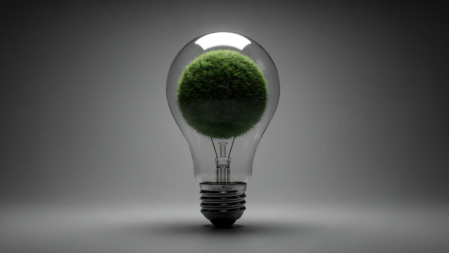Glowing light bulb with fuzzy moss sphere inside representing creative eco friendly energy solution isolated on grey gradient studio background for sustainable lighting concepts.