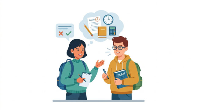 Two students discussing schoolwork and assignments together.