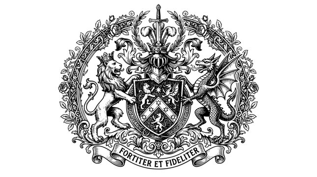 coat of arms, heraldic crest, lion and dragon, medieval heraldry, circular crest, fortiter et fideliter, ornate shield, knight emblem, black and white crest, royal heraldry, rose border, fantasy coat 
