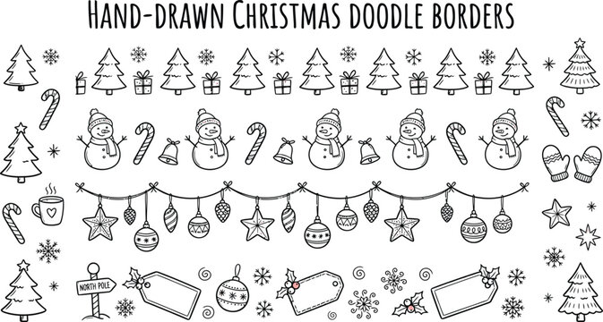 Hand drawn Christmas doodle borders with snowmen trees candy canes and ornaments on white background