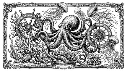 nautical octopus, octopus illustration, ship wheel, jellyfish art, sea creatures, coral reef, nautical border, vintage nautical, black and white engraving, ocean life, sailor tattoo style, maritime il © Tanbin