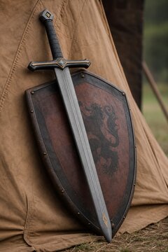 larp. A meticulously crafted foam longsword leans against an antiqued leather shield on a tent canvas. safety posters.