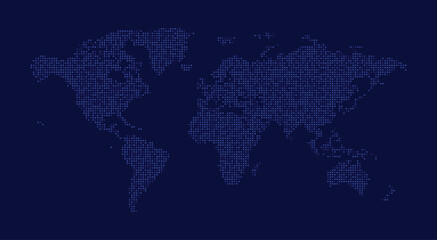 Naklejka premium glowing dotted world map on dark blue vector background