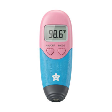 Pink and blue pediatric digital thermometer showing normal temperature