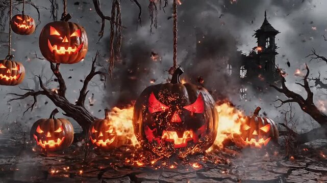 Spooky jack-o'-lanterns glow ominously with fiery orange light amid dark, smoky Halloween night.