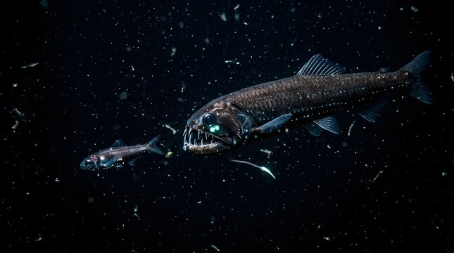 Deep sea bioluminescent dragonfish hunting prey in the dark ocean depths