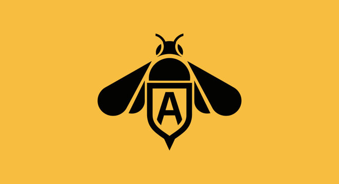 Minimalist bee logo with shield and letter A on yellow