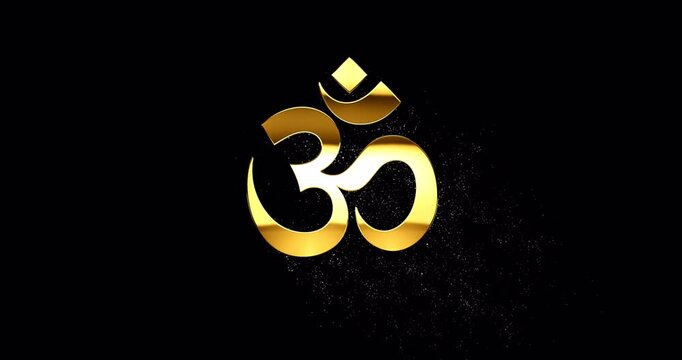 Gold Om symbol with glare and glittering falling particles, Om sign with specular highlight reflection, loop footage