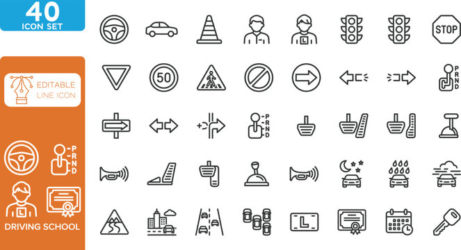 Driving school transportation line editable Icons set. Vector illustration. 32 line icons for automotive education. on transparent background.