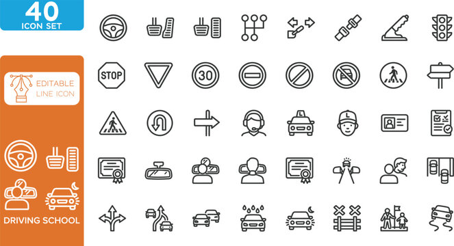 Driving school transportation line editable Icons set. Vector illustration. 32 line icons for automotive education. on transparent background.