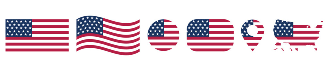 Fototapeta premium USA Flag Icon Collection Vector Set, American Flag Symbols with Waving Banner, Location Pin and United States Map Illustration