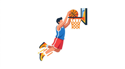 Young basketball player performing a powerful slam dunk during a game. © Darfa66