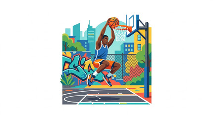Young man performing a slam dunk on an outdoor basketball court. © Darfa66