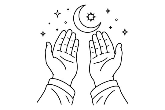 Hands in prayer position under crescent moon with stars