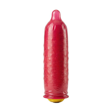 Red condom unrolled over a yellow phallic fruit shape