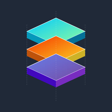 Isometric 3D rendering of multi colored layered data slabs representing cloud computing infrastructure and software