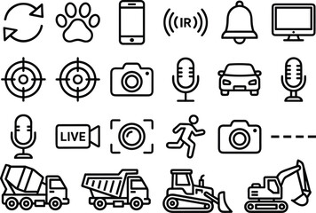 Multimedia technology smart surveillance and heavy construction machinery linear outline icon set © Mahsina
