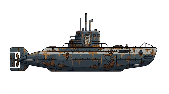 Vintage Submarine Illustration with Rusty Details.