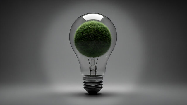 Glowing light bulb with fuzzy moss sphere inside representing creative eco friendly energy solution isolated on grey gradient studio background for sustainable lighting concepts.