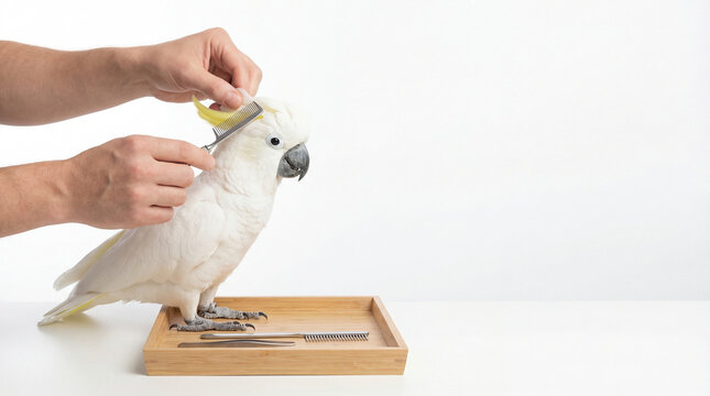 White cockatoo bird being groomed with comb by human hands on wooden tray with grooming tools on white background