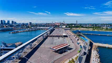 Obraz premium Aerial View of Tallinn Port Terminal and Old Town Skyline Estonia