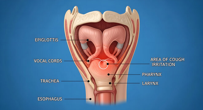 Anatomical illustration of the human throat showing the larynx, pharynx, vocal cords, epiglottis, trachea, and esophagus with cough irritation