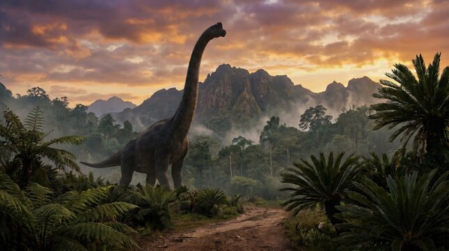 Cinematic Brachiosaurus in Prehistoric Jungle Landscape at Sunset, Realistic Paleoart Dinosaur Scene for Documentary Background and Educational Media Projects