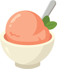 Vector illustration of a delicious scoop of peach sorbet served in a white bowl with a spoon and mint leaf garnish © VH_World