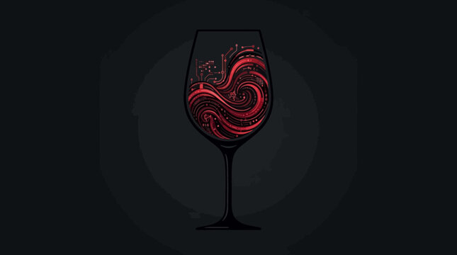 A sophisticated glass filled with swirling red digital liquid featuring intricate circuit board patterns and glowing binary code data streams