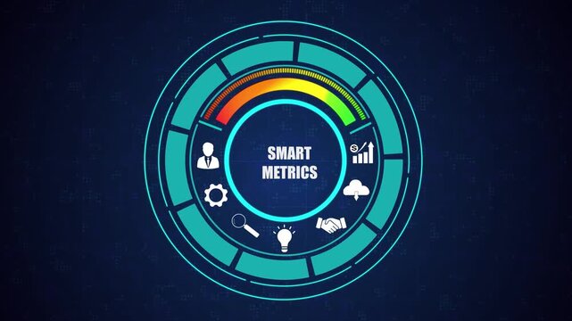 Smart metrics dashboard for corporate business analytics, financial performance growth animation, futuristic tech abstract background hud.